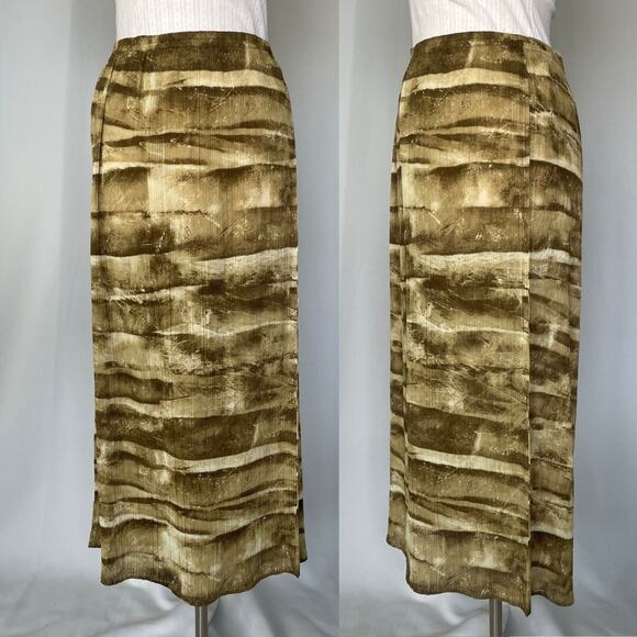 Boho Midi Skirt Size Small Green Brown Abstract Crinkle Pleated Fairy Whimsigoth - Picture 1 of 13